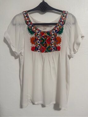 Tamara Catz White Embroidered Rayon Peasant Boho Blouse Top Size Small